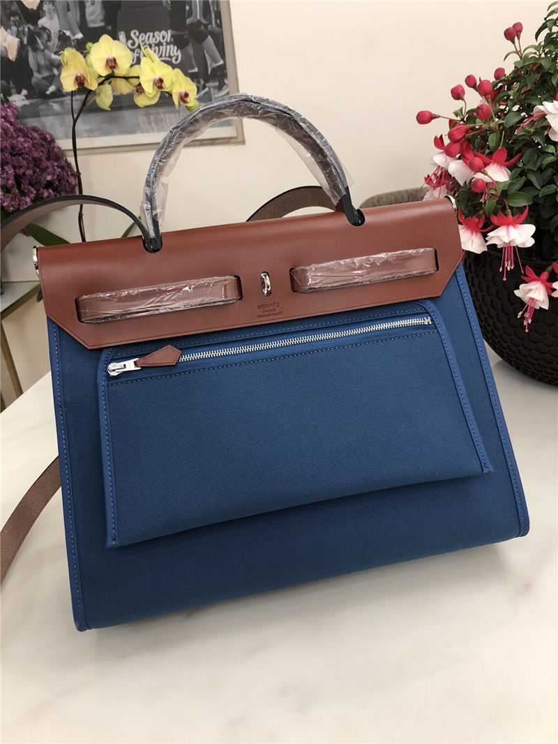 Hermes Herbag 31 bag Canvas and Leather Denim Blue High