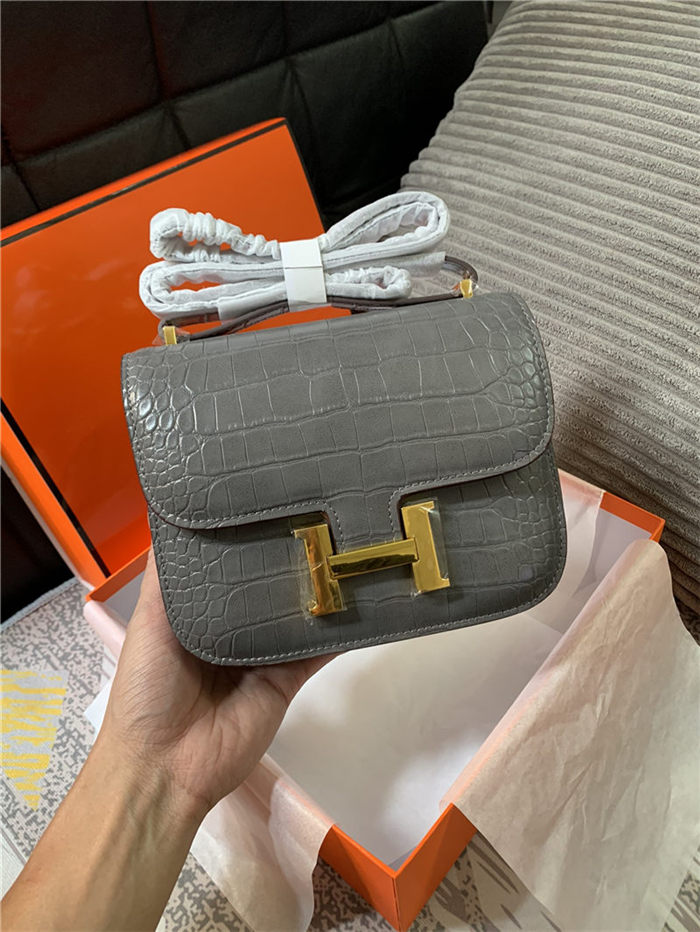 Hermes Mini Constance Crocodile Leather Bag Silver/Gold Metal High