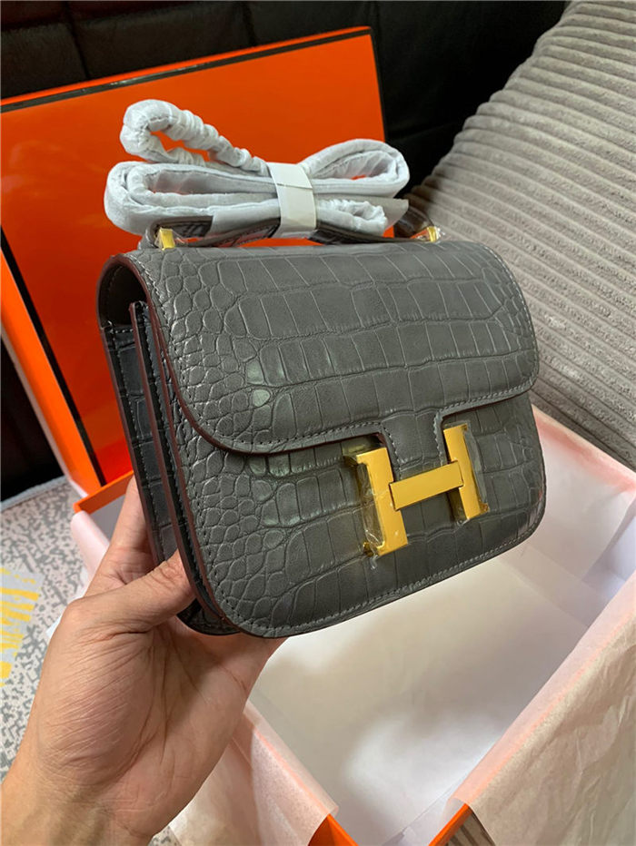 Hermes Mini Constance Crocodile Leather Bag Silver/Gold Metal High