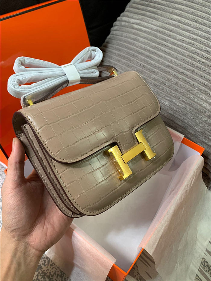 Hermes Mini Constance Crocodile Leather Bag Silver/Gold Metal High