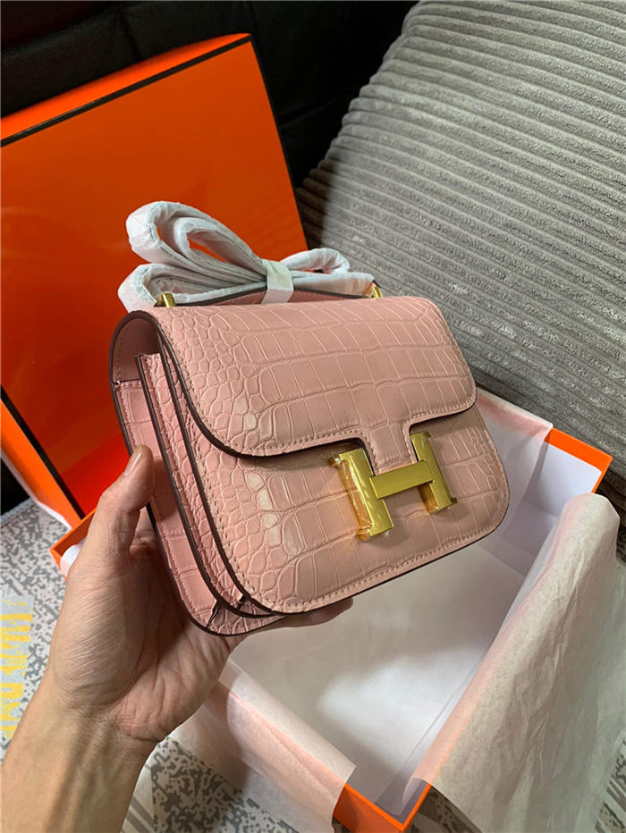 Hermes Mini Constance Crocodile Leather Bag Silver/Gold Metal High