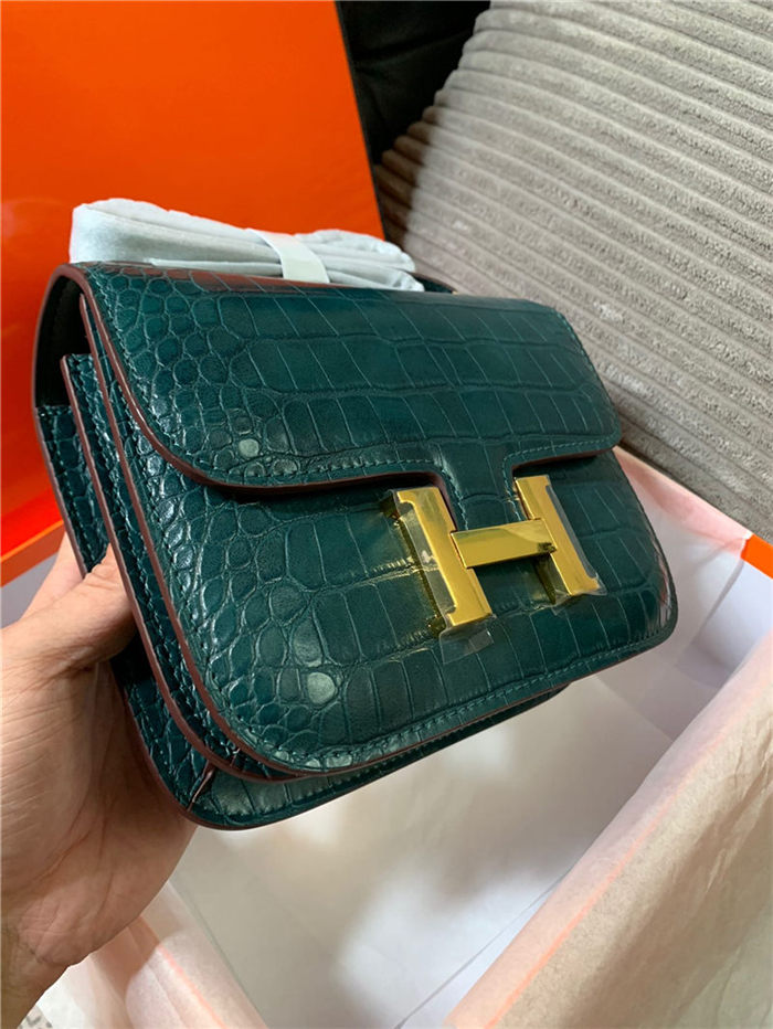 Hermes Mini Constance Crocodile Leather Bag Silver/Gold Metal High