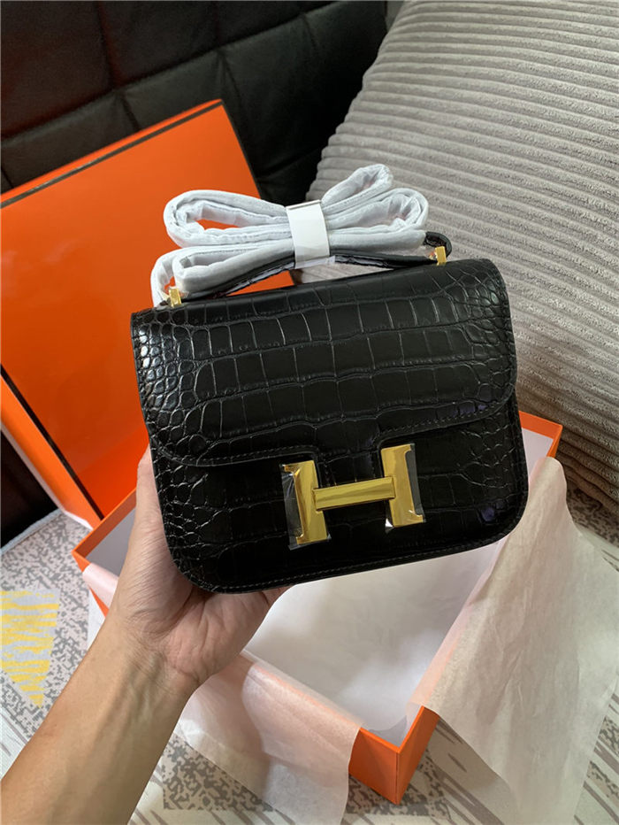 Hermes Mini Constance Crocodile Leather Bag Silver/Gold Metal High