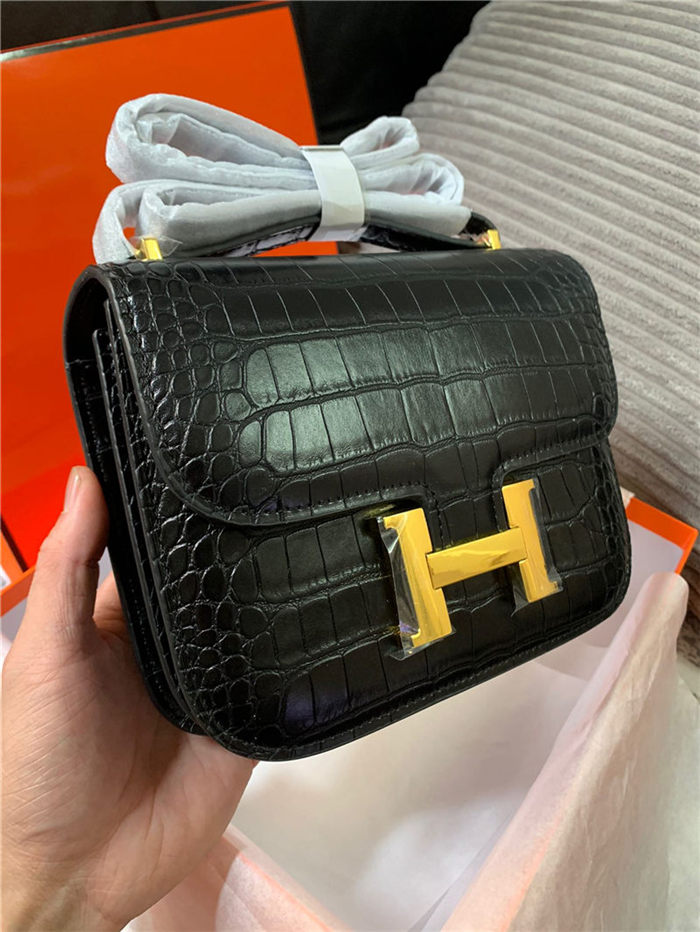 Hermes Mini Constance Crocodile Leather Bag Silver/Gold Metal High