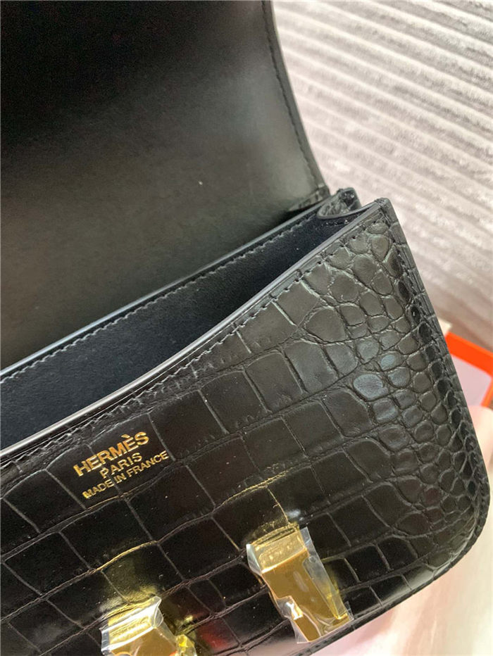 Hermes Mini Constance Crocodile Leather Bag Silver/Gold Metal High