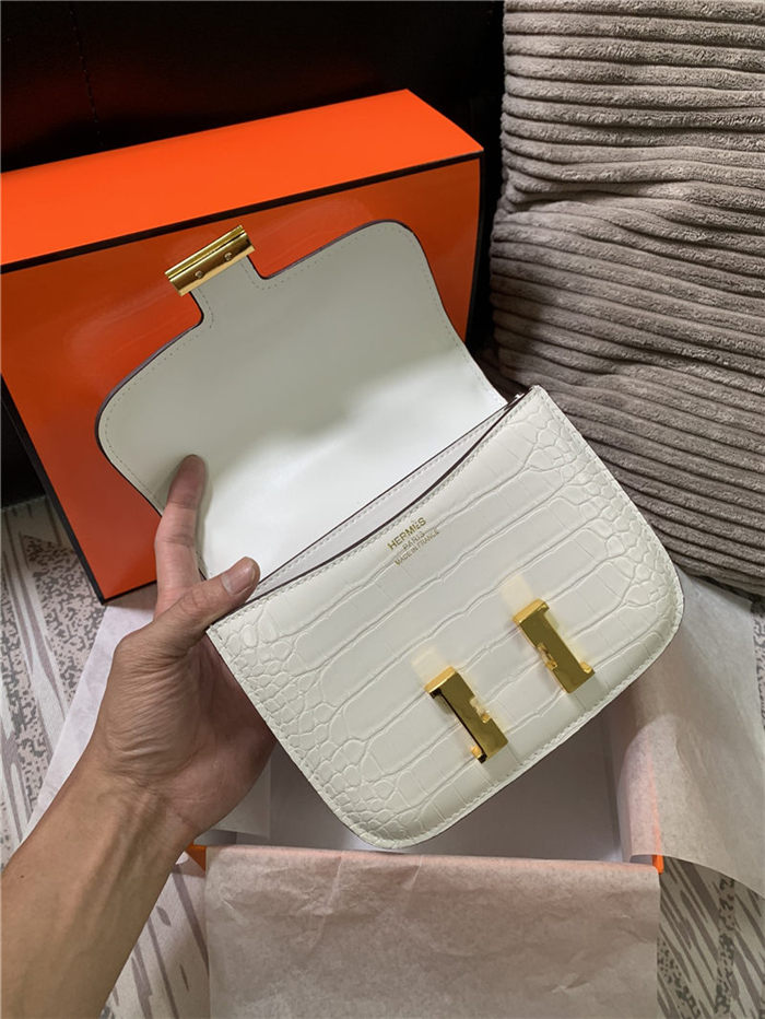 Hermes Mini Constance Crocodile Leather Bag Silver/Gold Metal High