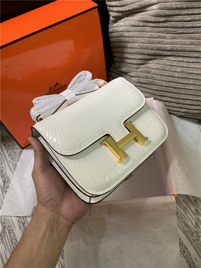 Hermes Mini Constance Crocodile Leather Bag Silver/Gold Metal High