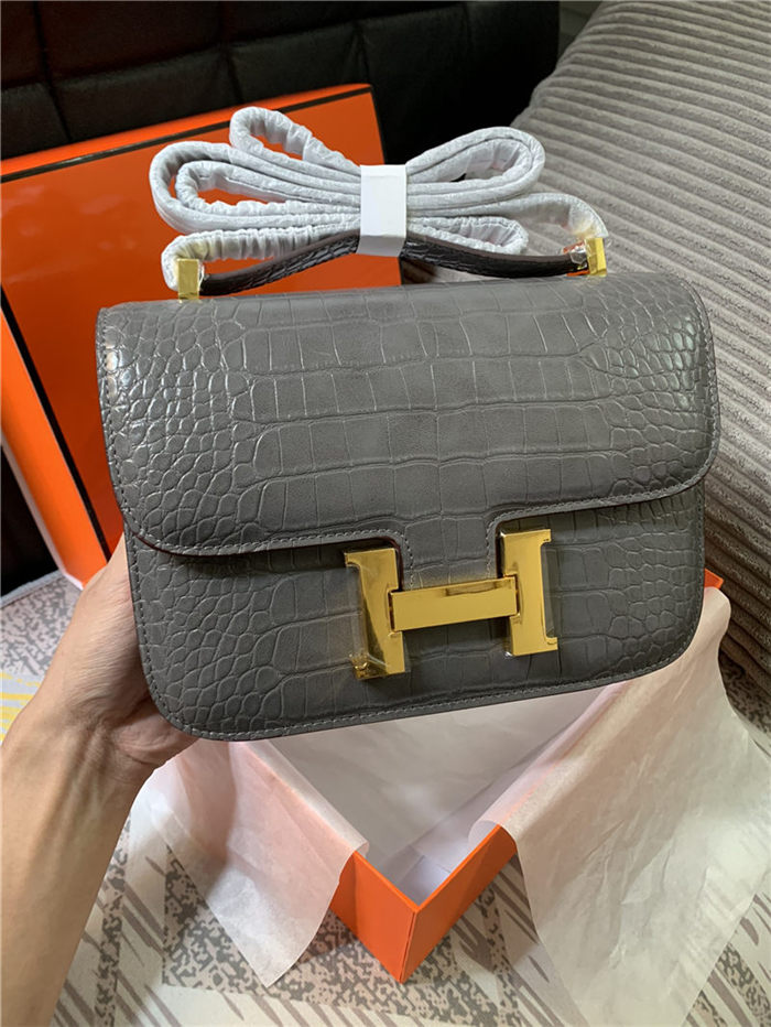 Hermes Constance 24cm Crocodile Leather Bag Silver/Gold Metal High