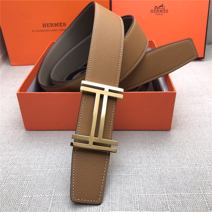 Hermes H au Carre belt buckle & Reversible leather strap 38 mm Epsom Camel/Grey High