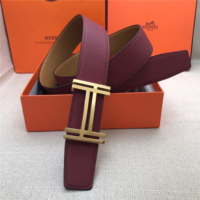 Hermes H au Carre belt buckle & Reversible leather strap 38 mm Epsom Camel/Burgundy High