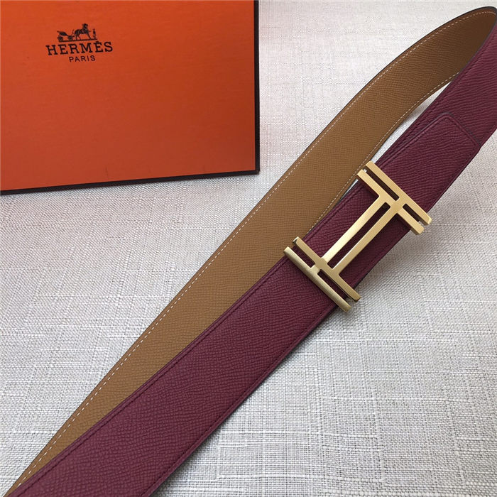 Hermes H au Carre belt buckle & Reversible leather strap 38 mm Epsom Camel/Burgundy High