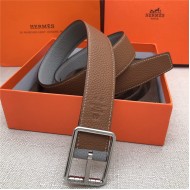 Hermes Code 32 reversible belt Togo Camel/Grey with Silver Buckle High