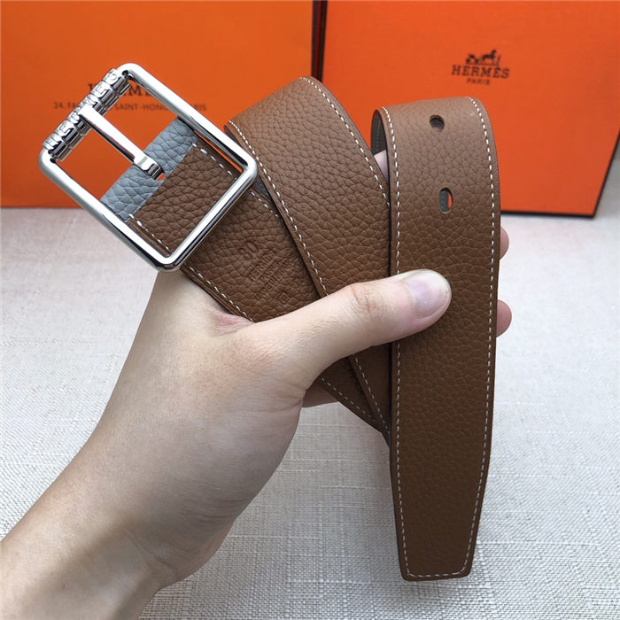 Hermes Code 32 reversible belt Togo Camel/Grey with Silver Buckle High