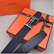 Hermes H au Carre belt buckle & Reversible leather strap 32/38 mm Togo Navy High