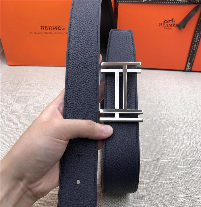 Hermes H au Carre belt buckle & Reversible leather strap 32/38 mm Togo Navy High