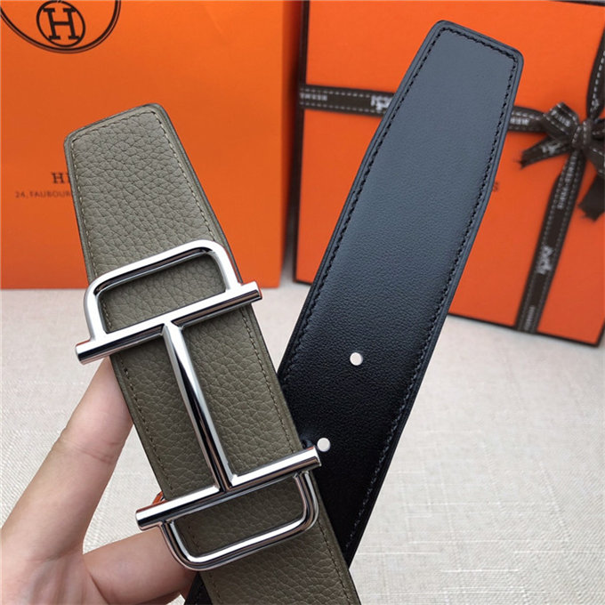 Hermes Royal belt buckle & Reversible leather strap 32 mm Togo Grey High