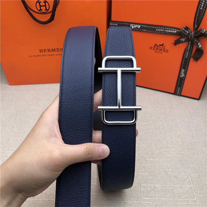 Hermes Royal belt buckle & Reversible leather strap 32 mm Togo Navy High