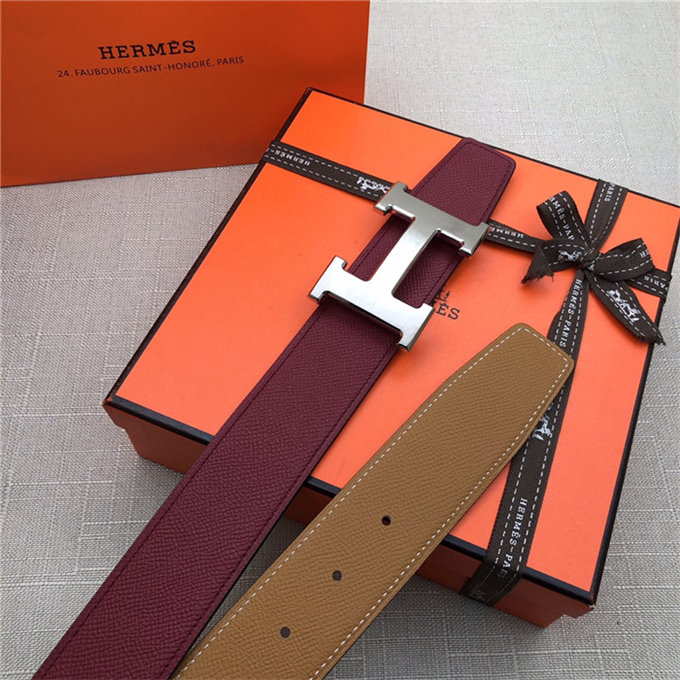 Hermes H belt buckle & reversible strap 32/38 mm Epsom Burgundy/Camel High