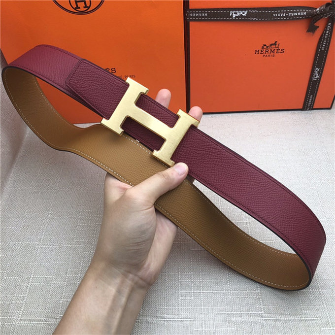 Hermes H belt buckle & reversible strap 32/38 mm Epsom Burgundy/Camel High