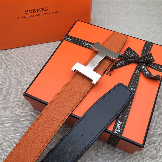 Hermes Constance belt buckle & Reversible leather strap 32/38 mm Togo Orange Brass-Metal High