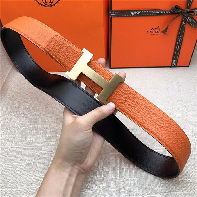 Hermes Constance belt buckle & Reversible leather strap 32/38 mm Togo Orange Brass-Metal High