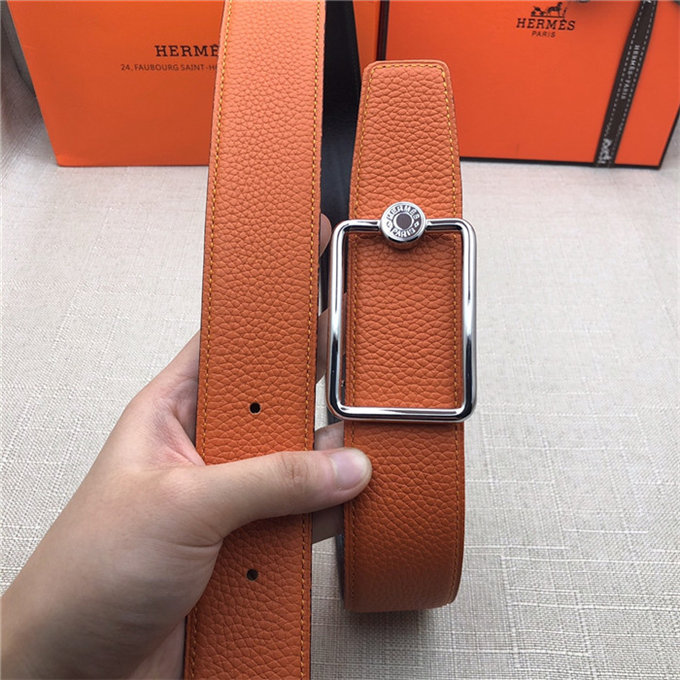 Hermes Oscar belt buckle & Reversible leather strap 32/38 mm Togo Orange High