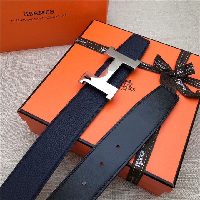 Hermes Constance belt buckle & Reversible leather strap 32/38 mm Togo Navy Shiny-Metal High