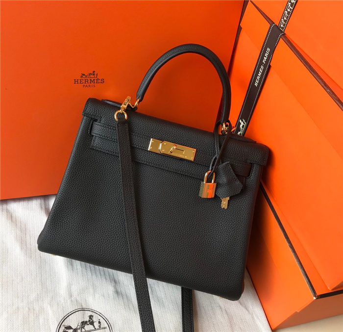 Hermes Kelly 25/28cm Retourne Bag Togo Leather In Black WAX High