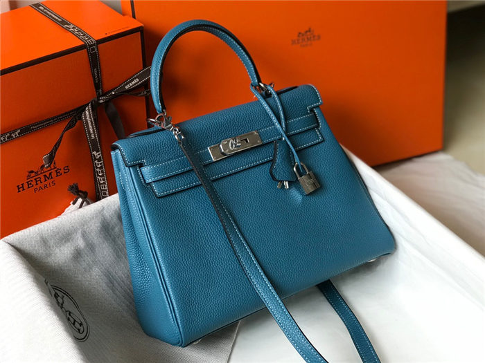 Hermes Kelly 25/28cm Retourne Bag Togo Leather In Agate Blue WAX High