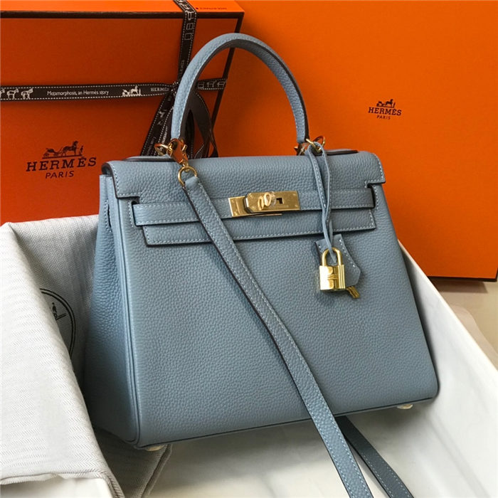 Hermes Kelly 25/28/32cm Retourne Bag Togo Leather In Grey-Blue WAX High