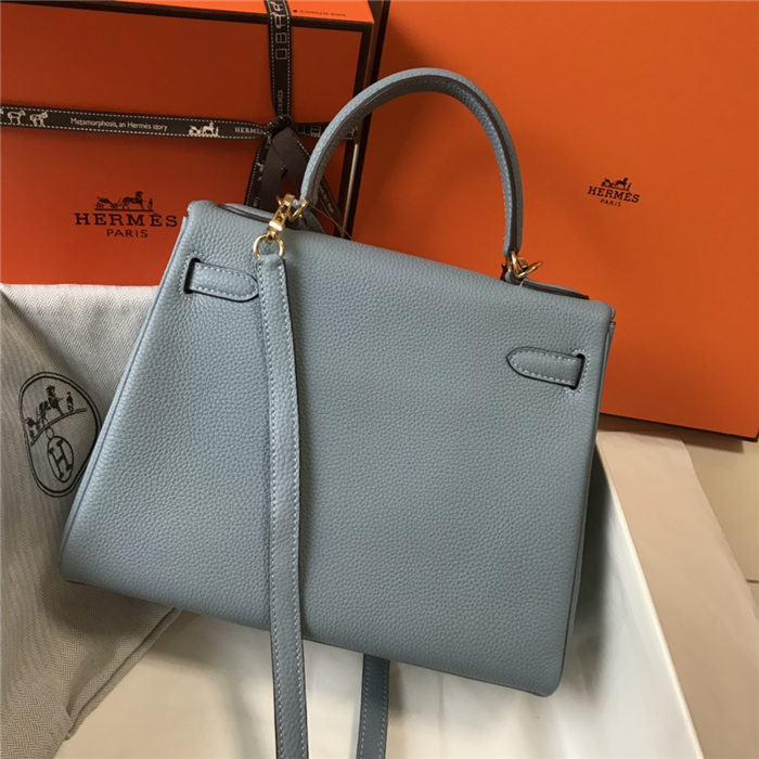 Hermes Kelly 25/28/32cm Retourne Bag Togo Leather In Grey-Blue WAX High