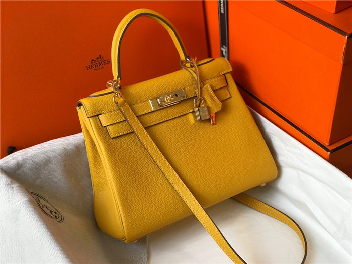 Hermes Kelly 25/28/32cm Retourne Bag Togo Leather In Yellow WAX High