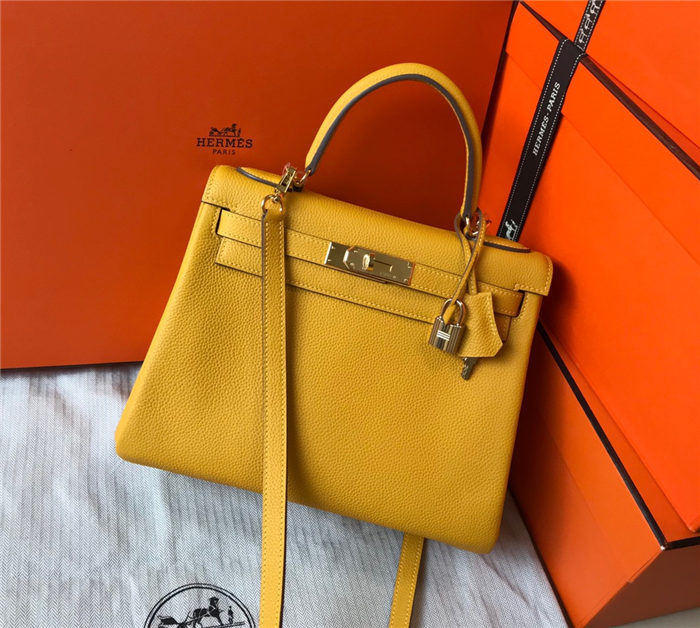 Hermes Kelly 25/28cm Retourne Bag Togo Leather In Yellow WAX High