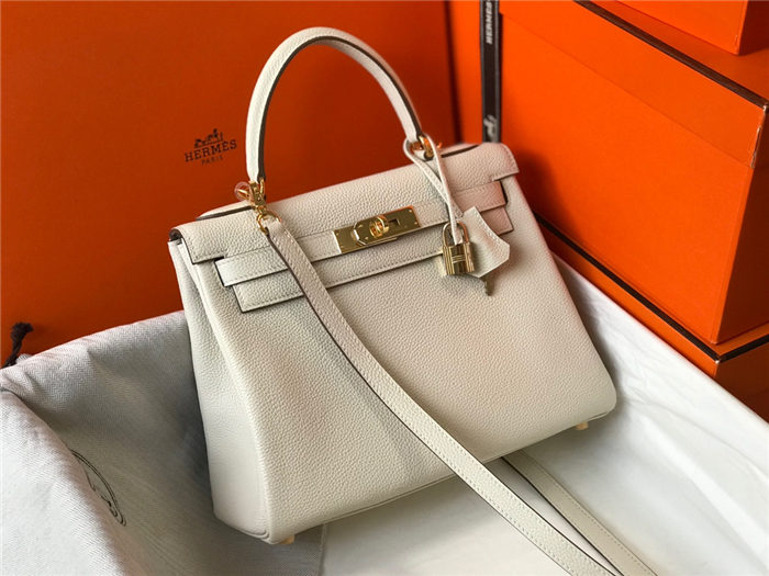 Hermes Kelly 25/28cm Retourne Bag Togo Leather In White WAX High