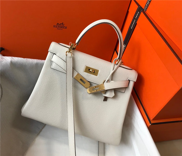 Hermes Kelly 25/28cm Retourne Bag Togo Leather In White WAX High