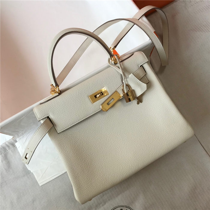 Hermes Kelly 25/28cm Retourne Bag Togo Leather In White WAX High