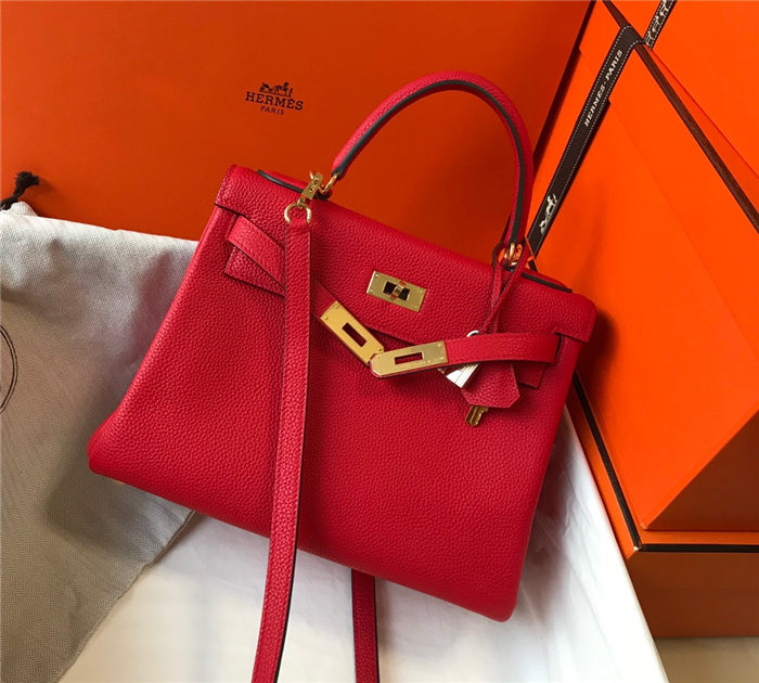 Hermes Kelly 25/28cm Retourne Bag Togo Leather In Red WAX High