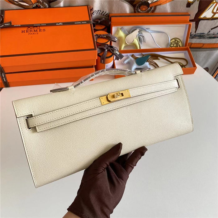 Hermes Kelly Cut Clutch Epsom Silver/Gold Metal WAX High