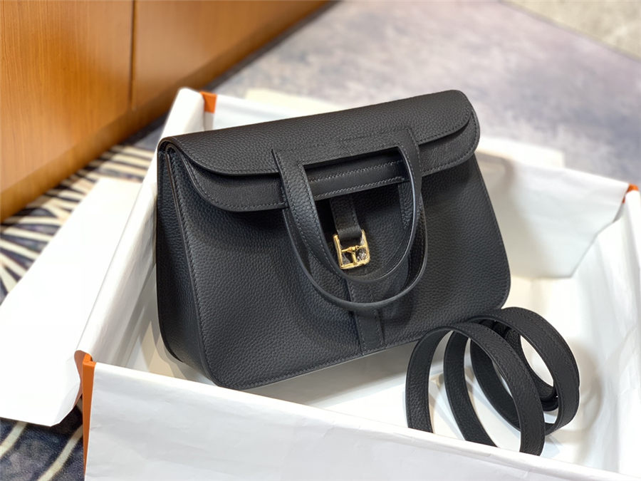 Hermes Halzan 22/25cm Bag Clemence Leather WAX In Black High