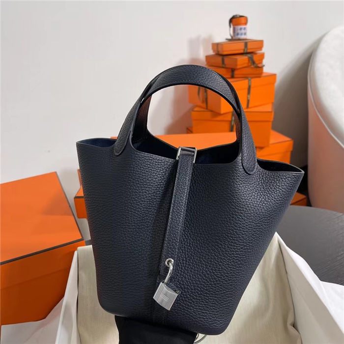 Hermes Picotin Lock 18/22 Bag Togo Leather In Bleu Nuit-Silver WAX High