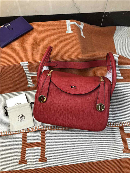 Hermes Lindy 26/30cm Bag Clemence Leather In Red Gold-Metal High