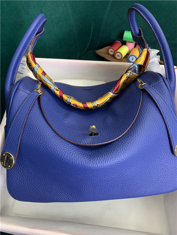 Hermes Lindy 26/30cm Bag Clemence Leather In Royal Blue Gold-Metal High