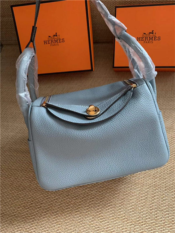 Hermes Lindy 26/30cm Bag Calfskin In Grey Blue Gold/Silver-Metal High