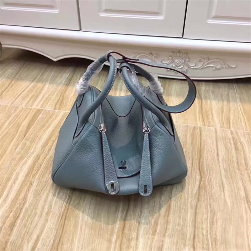 Hermes Lindy 26/30cm Bag Clemence Leather In Grey-Blue Silver-Metal High