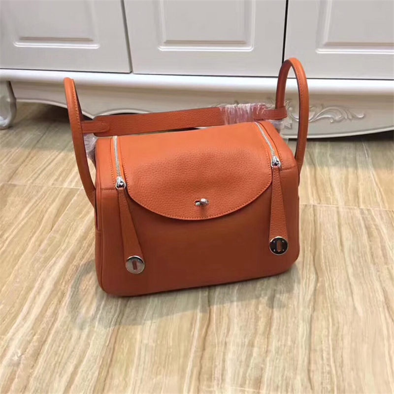 Hermes Lindy 26/30cm Bag Clemence Leather In Orange Silver-Metal High