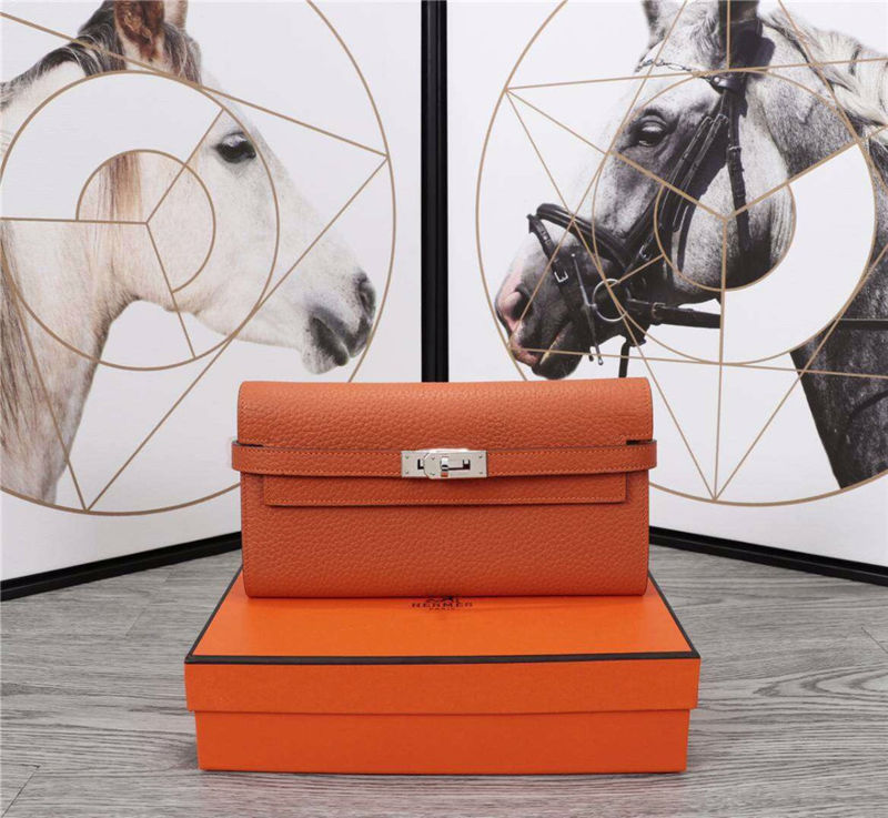 Hermes Kelly Classic Wallet Calfskin In Orange High