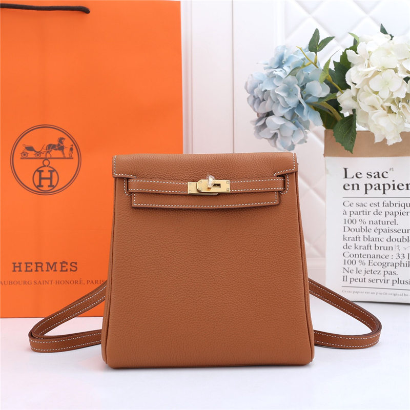 Hermes Kelly Ado PM Backpack Togo Leather WAX In Tan Gold-Metal High