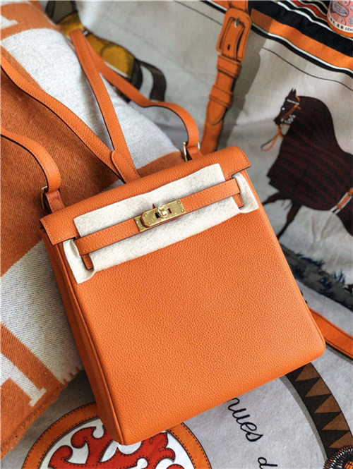 Hermes Kelly Ado PM Backpack Togo Leather WAX In Orange Gold/Silver-Metal High