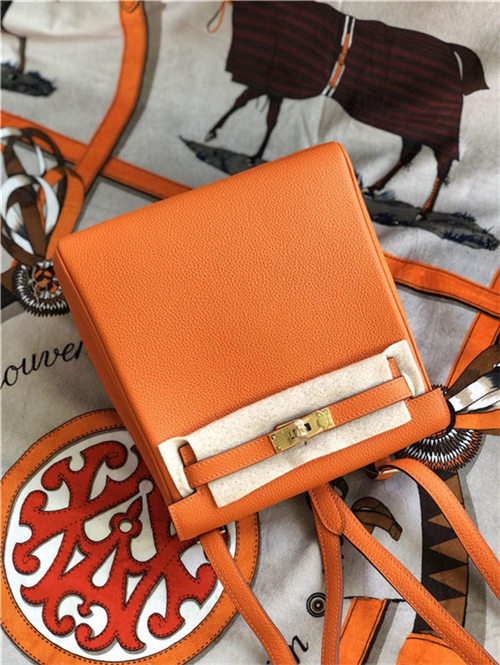 Hermes Kelly Ado PM Backpack Togo Leather WAX In Orange Gold/Silver-Metal High