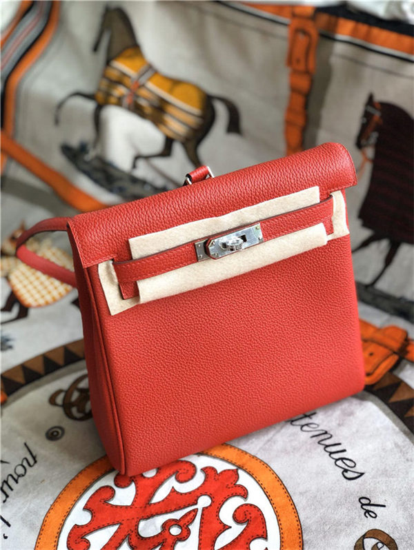 Hermes Kelly Ado PM Backpack Togo Leather WAX In Red Silver-Metal High